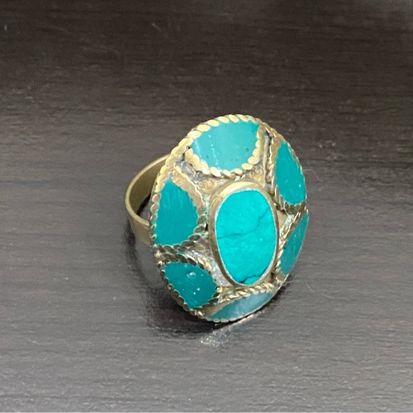 Vintage Turquoise Mosaic Cocktail Ring Size 8 - Picture 2 of 12